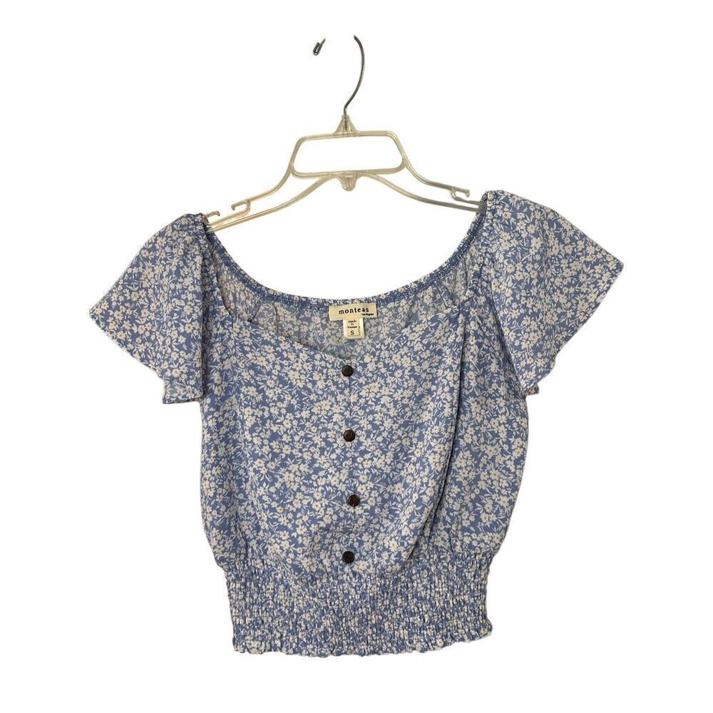 Monteau Women's Blue Floral Flutter Sleeve Crop Top Size Small
